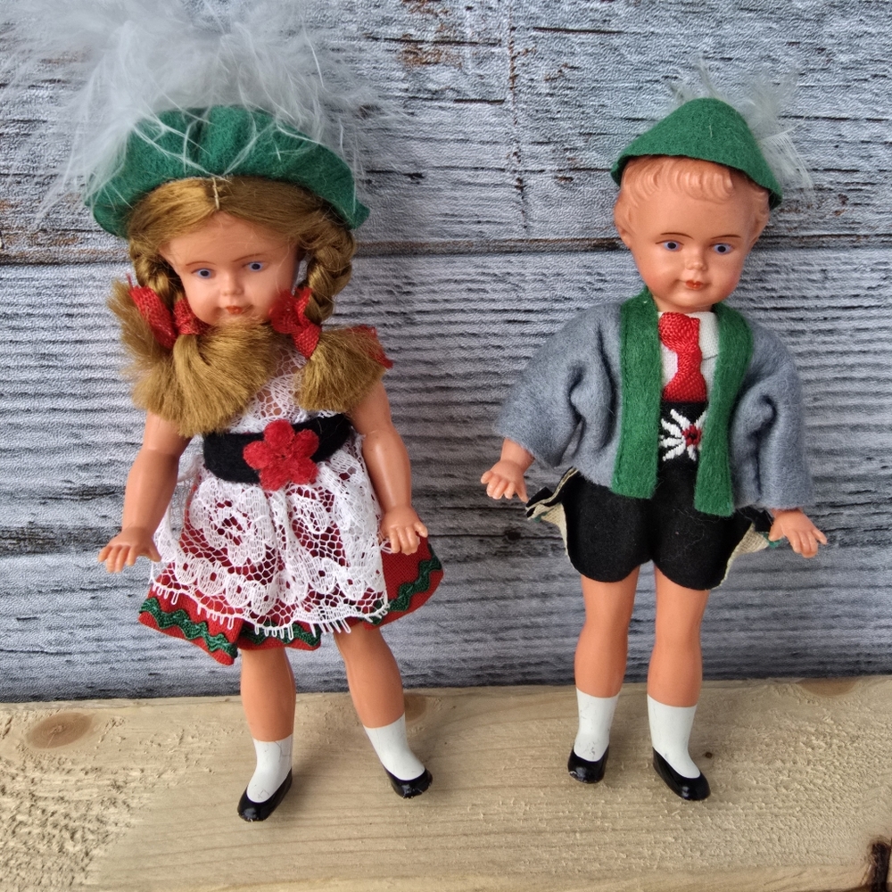 Vintage Celluloid Dolls Traditional German Bavarian Folk Set Of 2 Boy Girl 5"